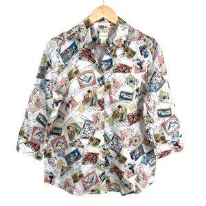 Chicos No Iron 100% Linen Shirt Sz 0 Stamps Travel Postage Print 3/4‎ Sleeve